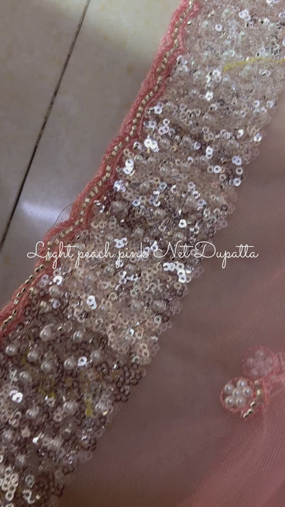Light Pink Net Dupatta with Silver Sequin & Pearl Work