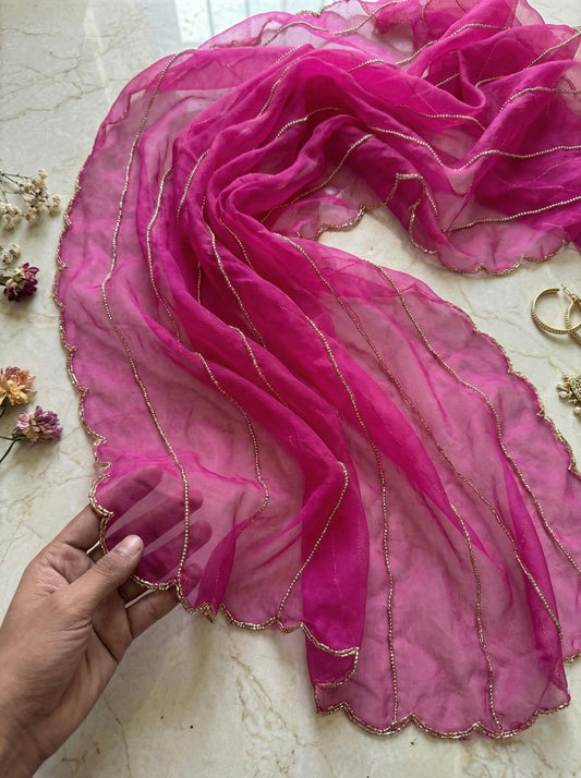 Elegant Pink Organza Dupatta with Beads Work & Cutwork Border
